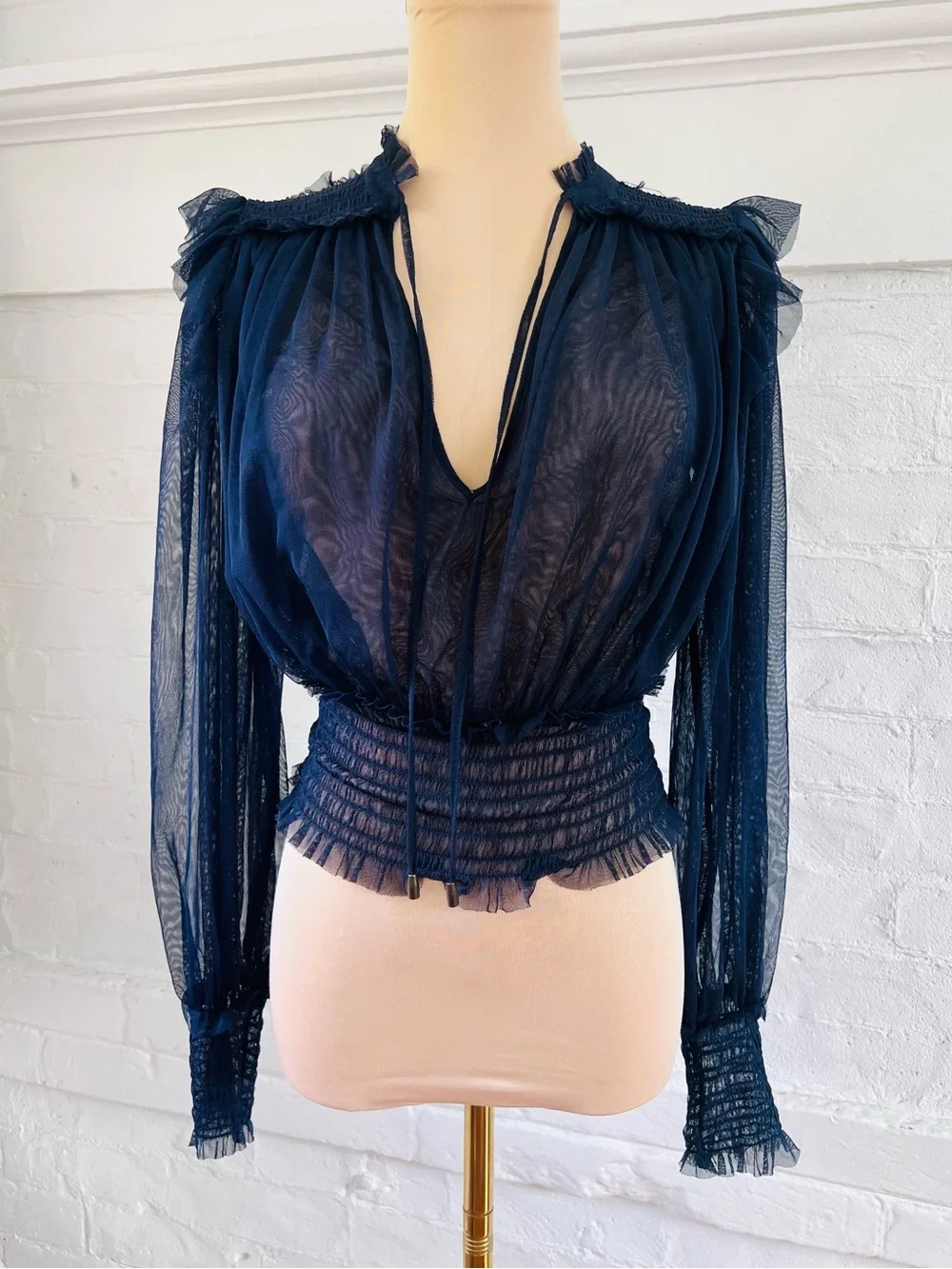 Free People Twila Sheer Net Tulle Cropped Blouse Indigo Lost Blue Boho Size Smal